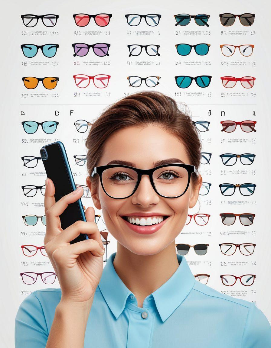 Illustration of a happy person wearing stylish prescription glasses, holding a smartphone with an online glasses store on the screen, with a backdrop of various glasses frames and vision charts. The image should have vibrant colors and a modern, clean design. vector art. vibrant colors. white background.