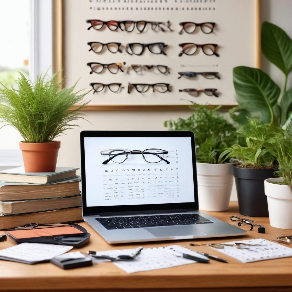 A stylish person trying on various chic prescription glasses in front of a laptop, surrounded by modern frames, eye charts, and measuring tools. The background features a cozy home setting with plants and books, emphasizing online shopping. 3D. vibrant colors. detailed.
