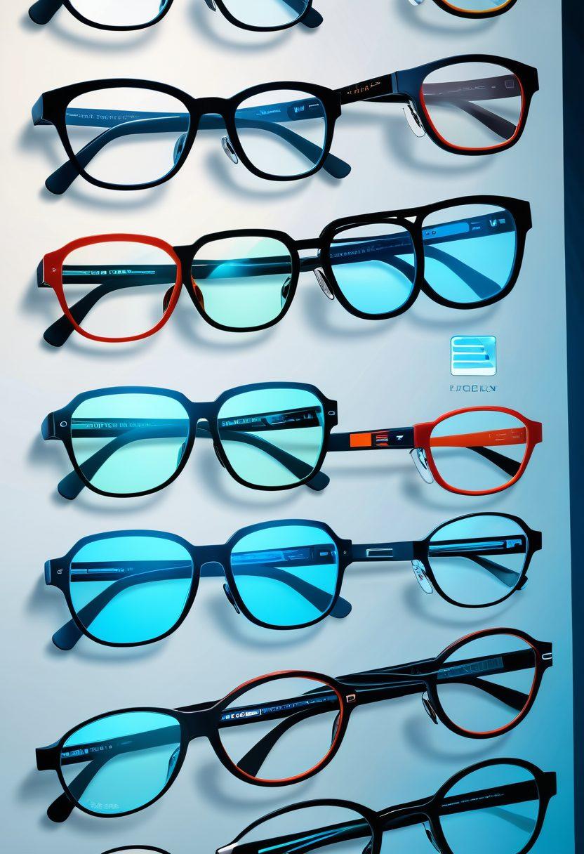 A stylish assortment of eyeglasses featuring sleek designer frames and modern blue light protection lenses, placed on a futuristic digital interface showcasing online shopping features. Include icons of different types of lenses and a variety of frame styles to represent the options available. bright colors. vector art.